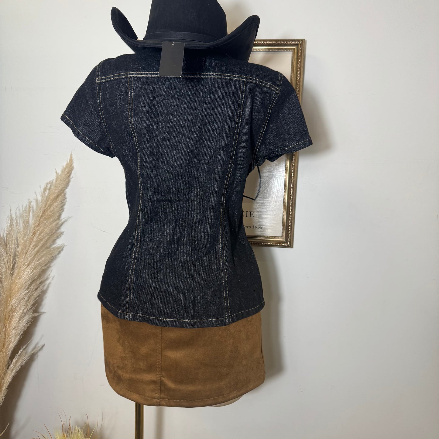 Short Sleeve Button Front Denim Top-Black