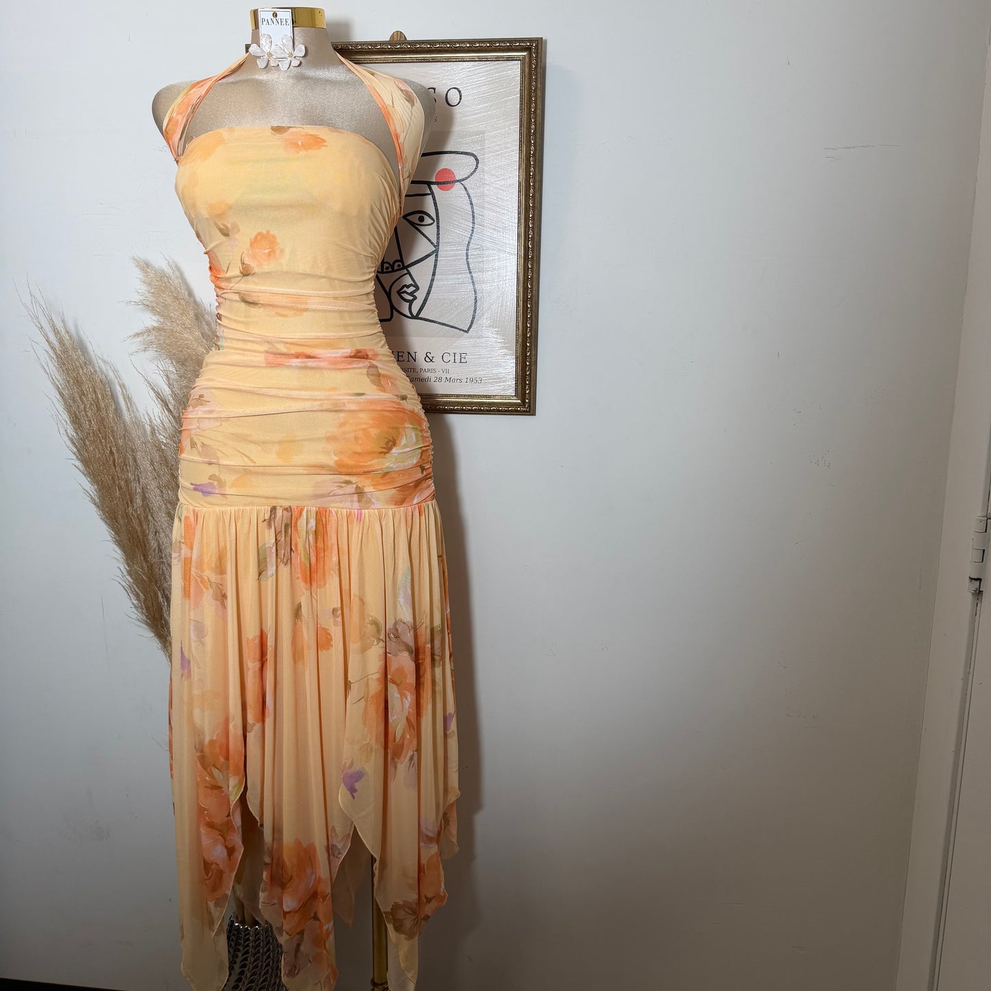 Printed Mesh Strapless Ruched Asymmetric maxi Dress-Peach Orange