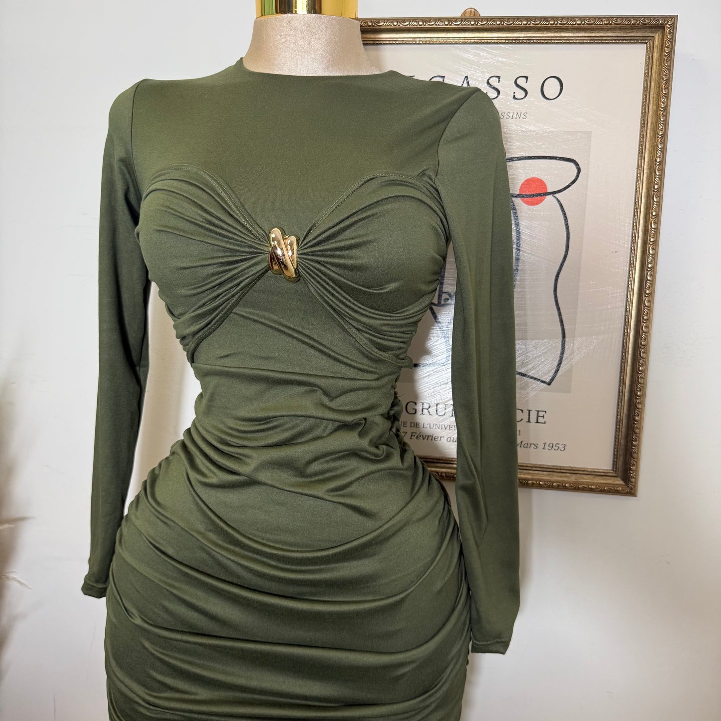 Long Sleeve Double Layered Midi Dress-Olive