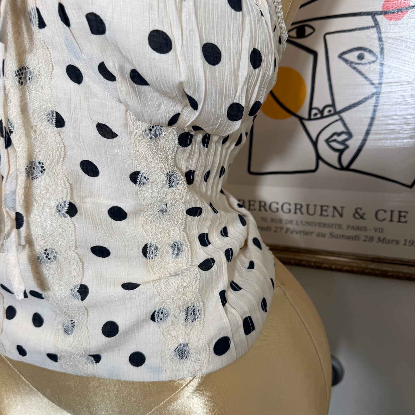 PL-Polka Dot Corset Tank Top with Smocked back- Beige/Black