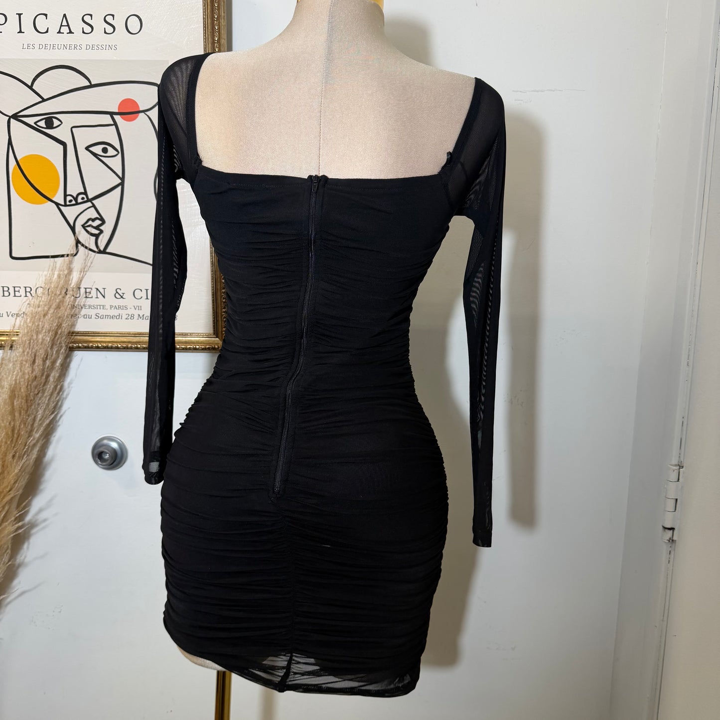 Off Shoulder Ruched Bodycon Mini Dress-Black