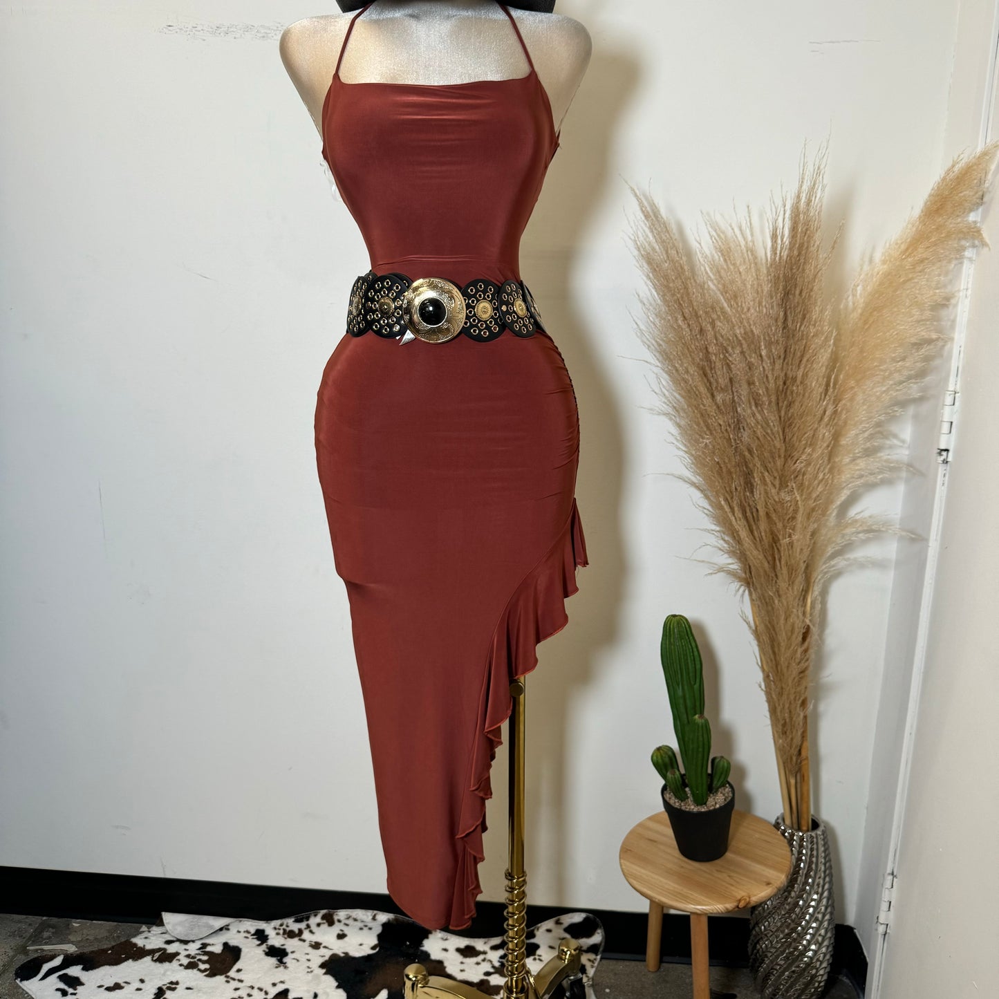 Liza Open Slit Dress-Rust