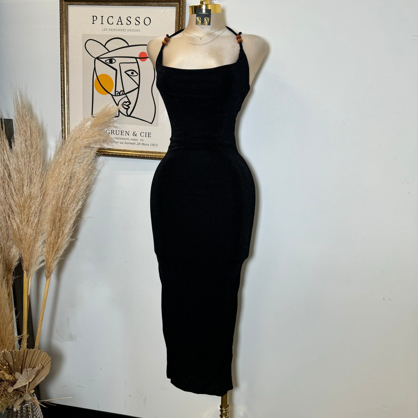 Slinky Cawl Neck Beads Detail Maxi Dress-black