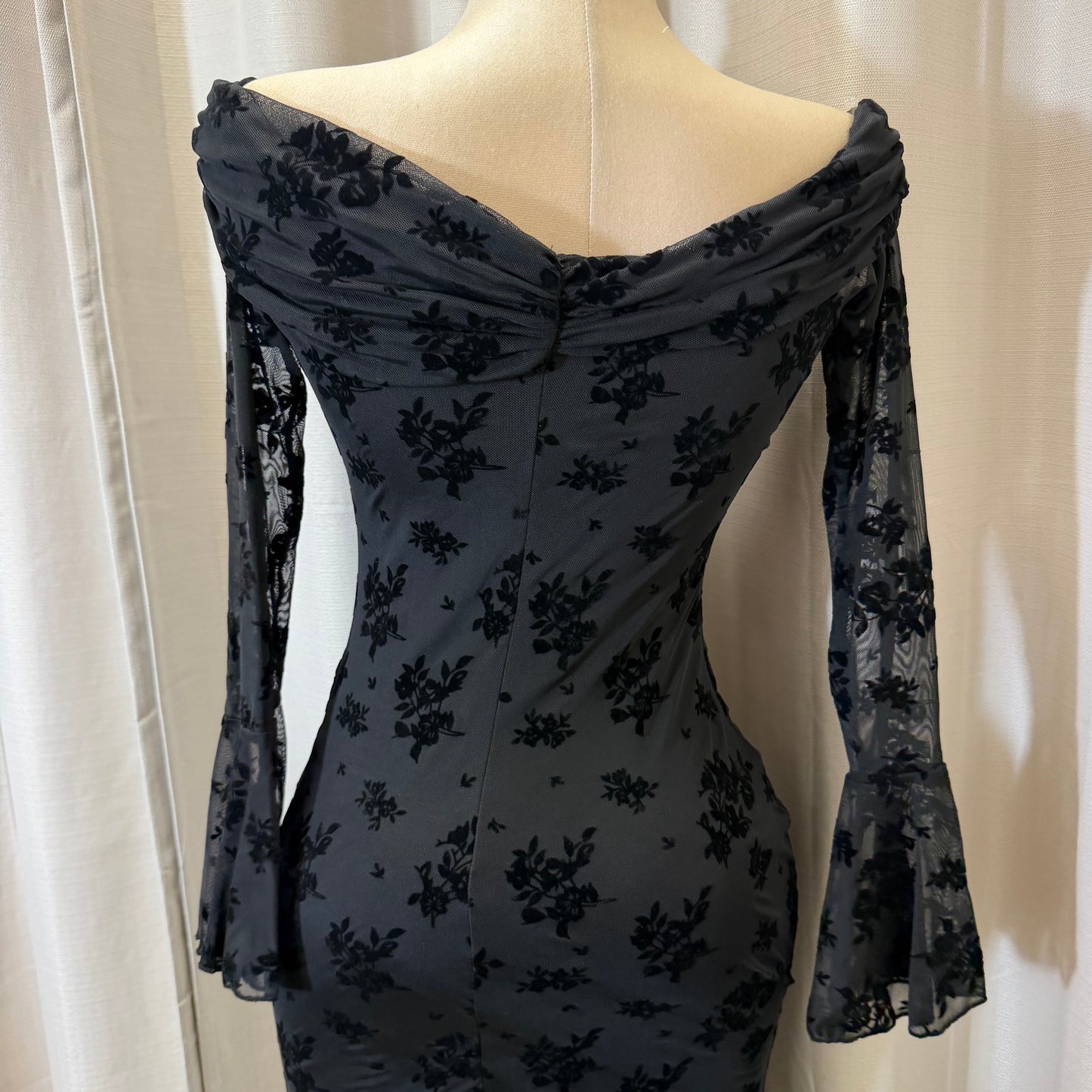 Flocked Long Sleeve Mesh off shoulder maxi Dress-Black/Black