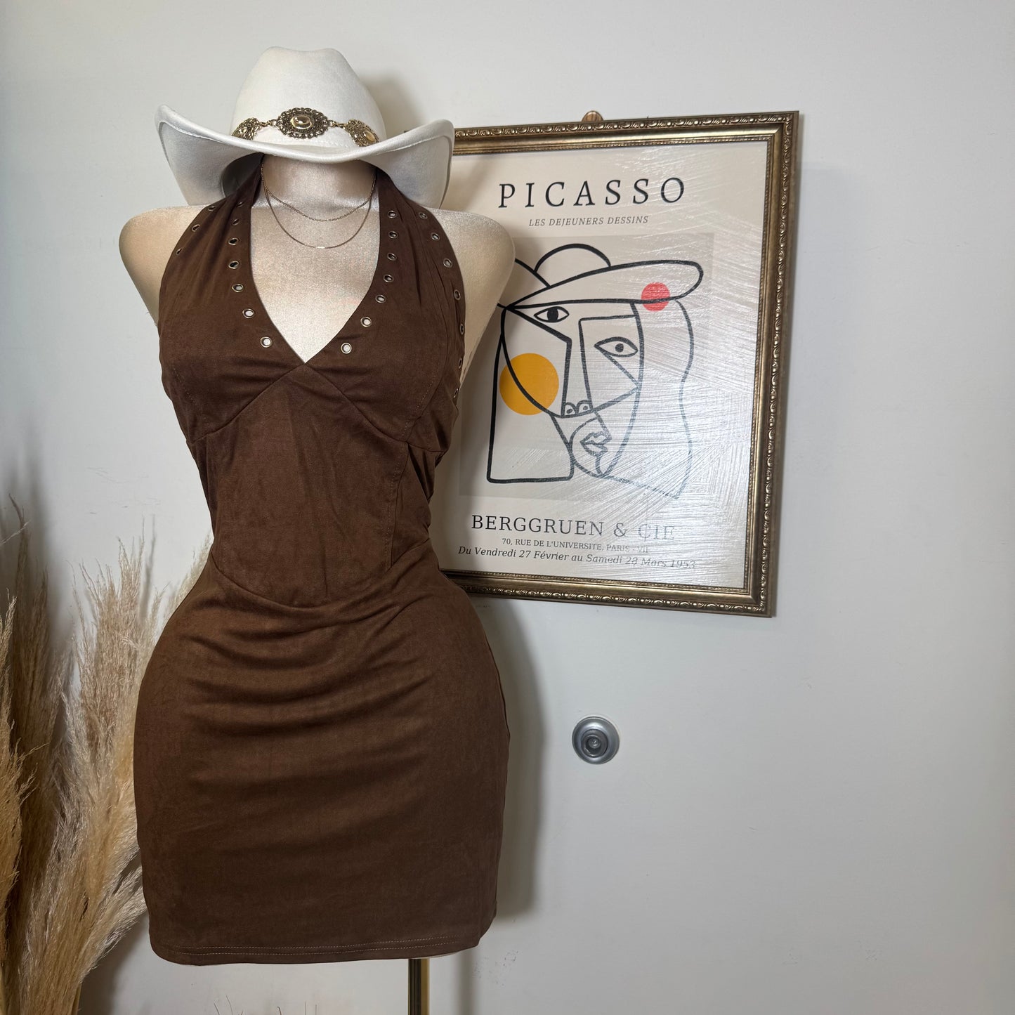 Western Suede Halter Dress-Brown
