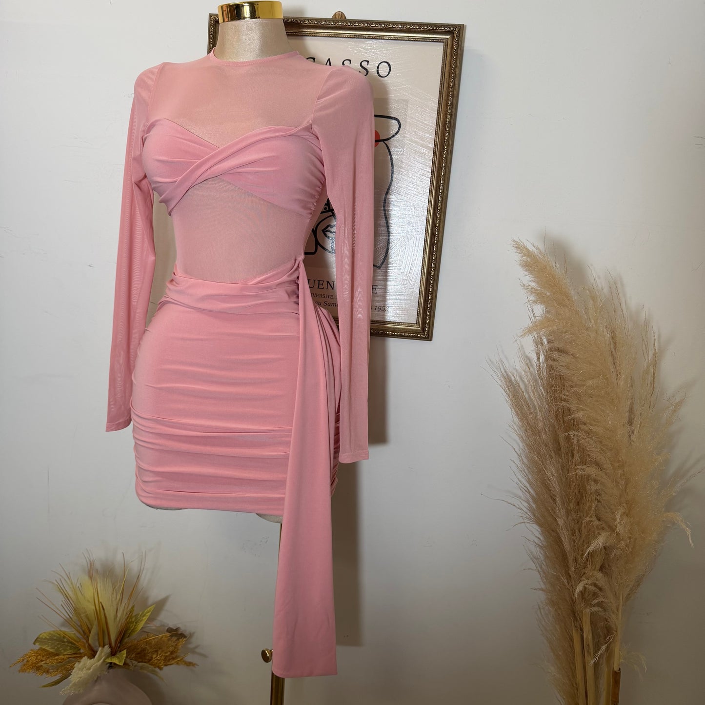 Solid Fabric with Mesh Match Mini Dress-Pink