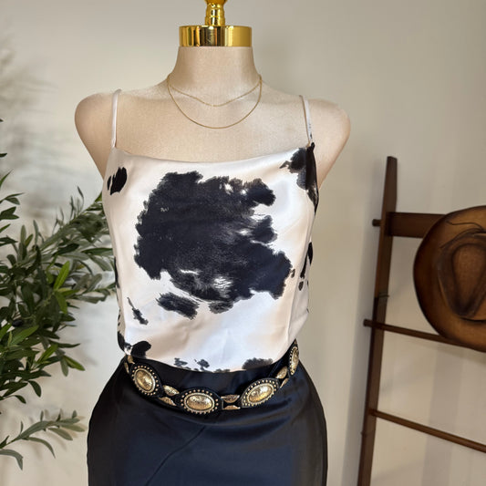 Satin Cow Print spaghetti Top-Black