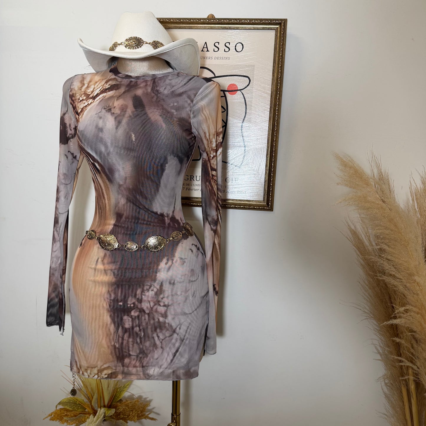 TORY Mesh Long Sleeve Dress-Brown/Beige