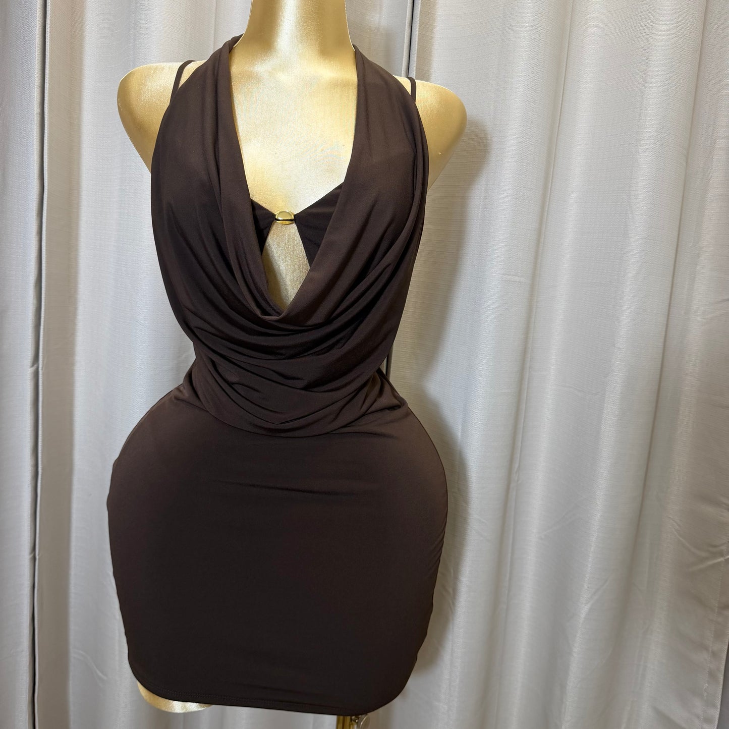 PL-Halter Cowl Neck Dress-Brown