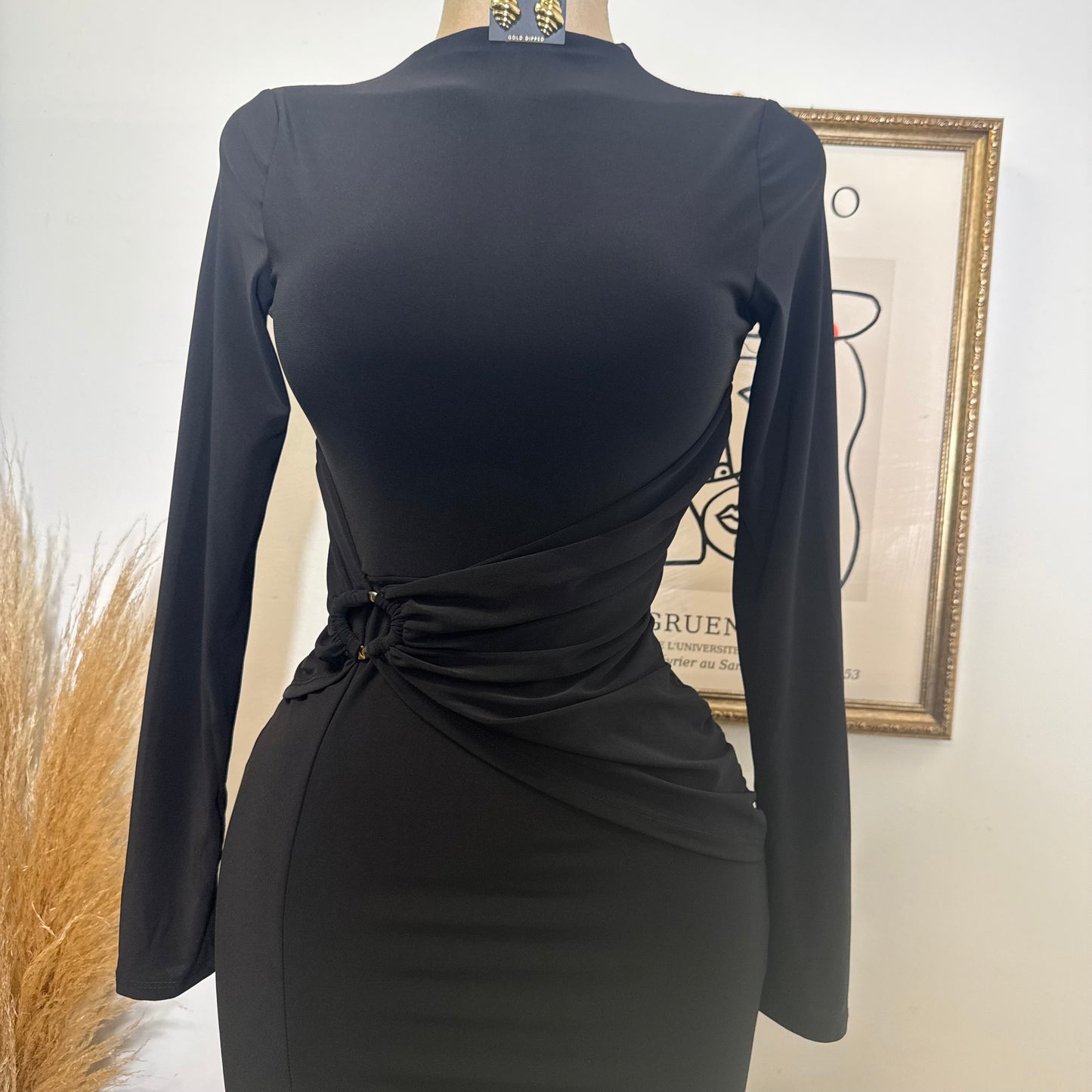 Long Sleeve Open Slit Dress-Black