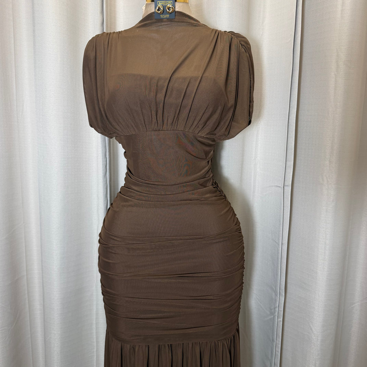 Mesh & Knit Mix Long Dress-Brown