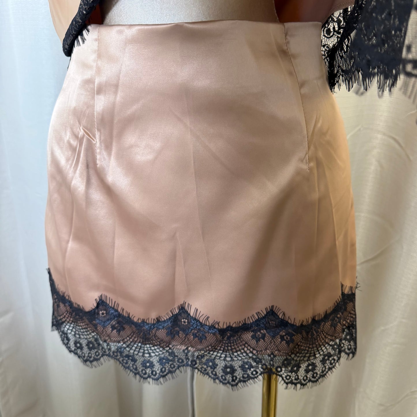 Satin Asymmetrical lace Top skirt Set-brown