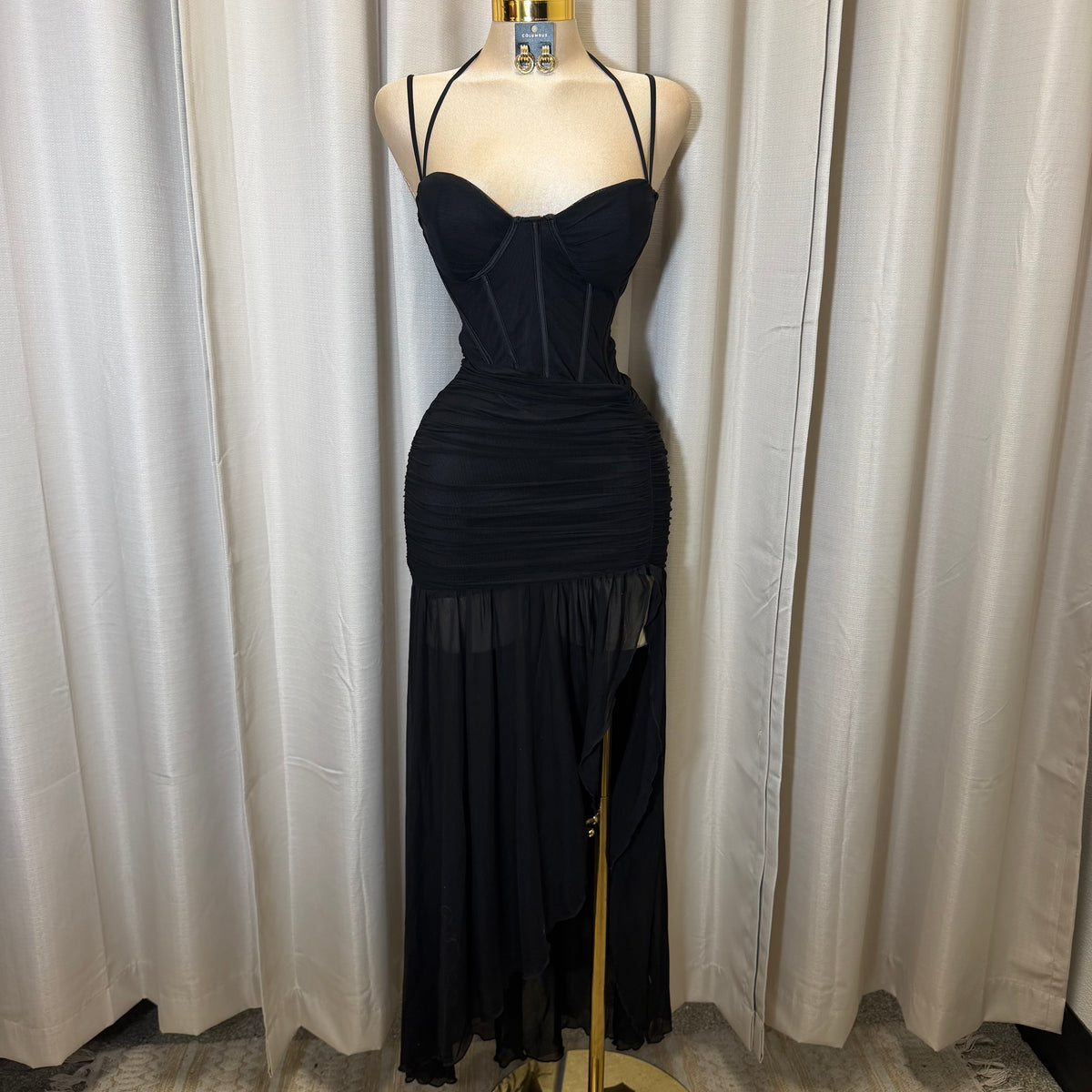 Corset Double Strap Ruched Slit Maxi Dress-Black