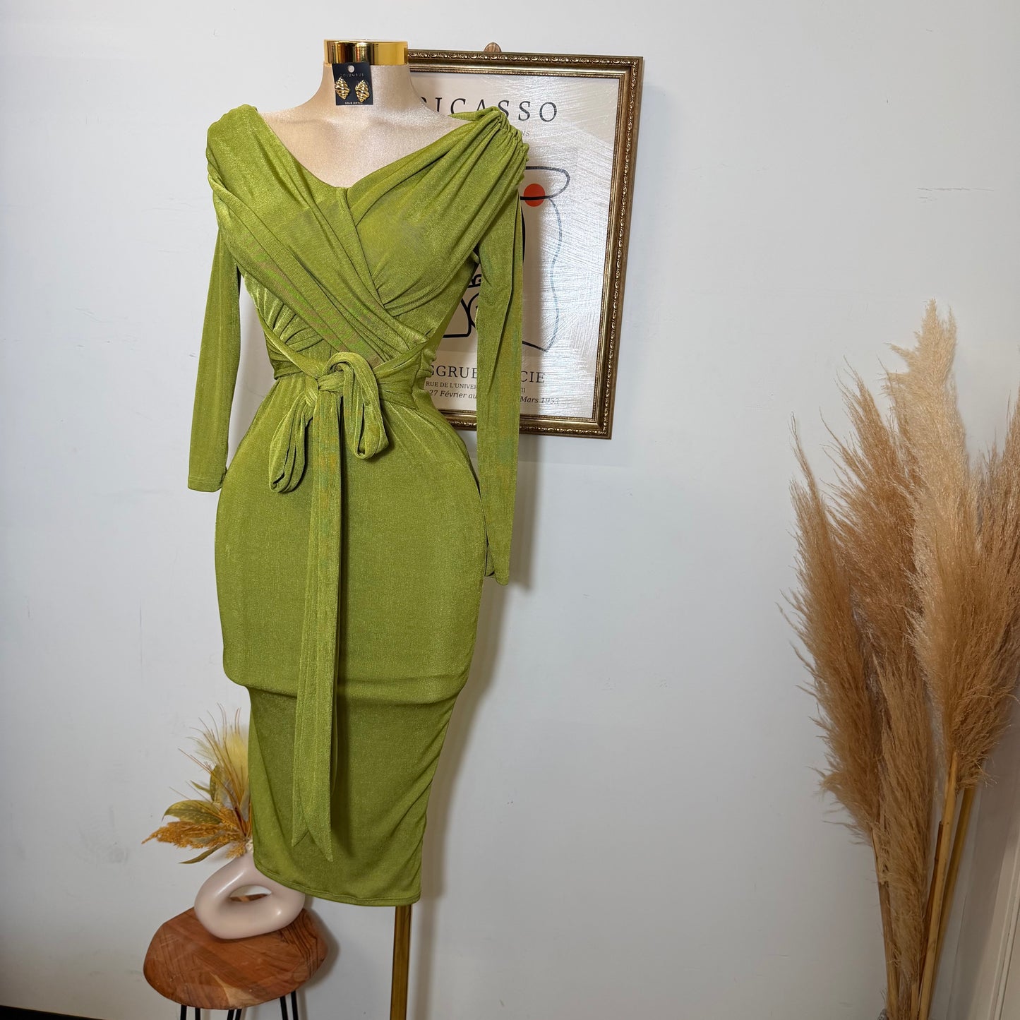 Off shoulder Long sleeve Dress-Moss Green