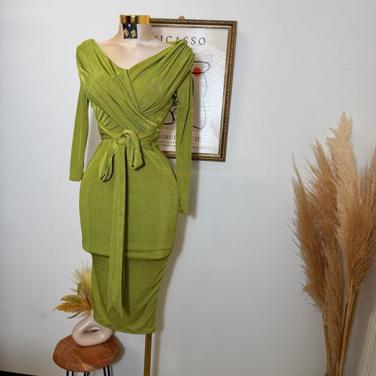 Off shoulder Long sleeve Dress-Moss Green