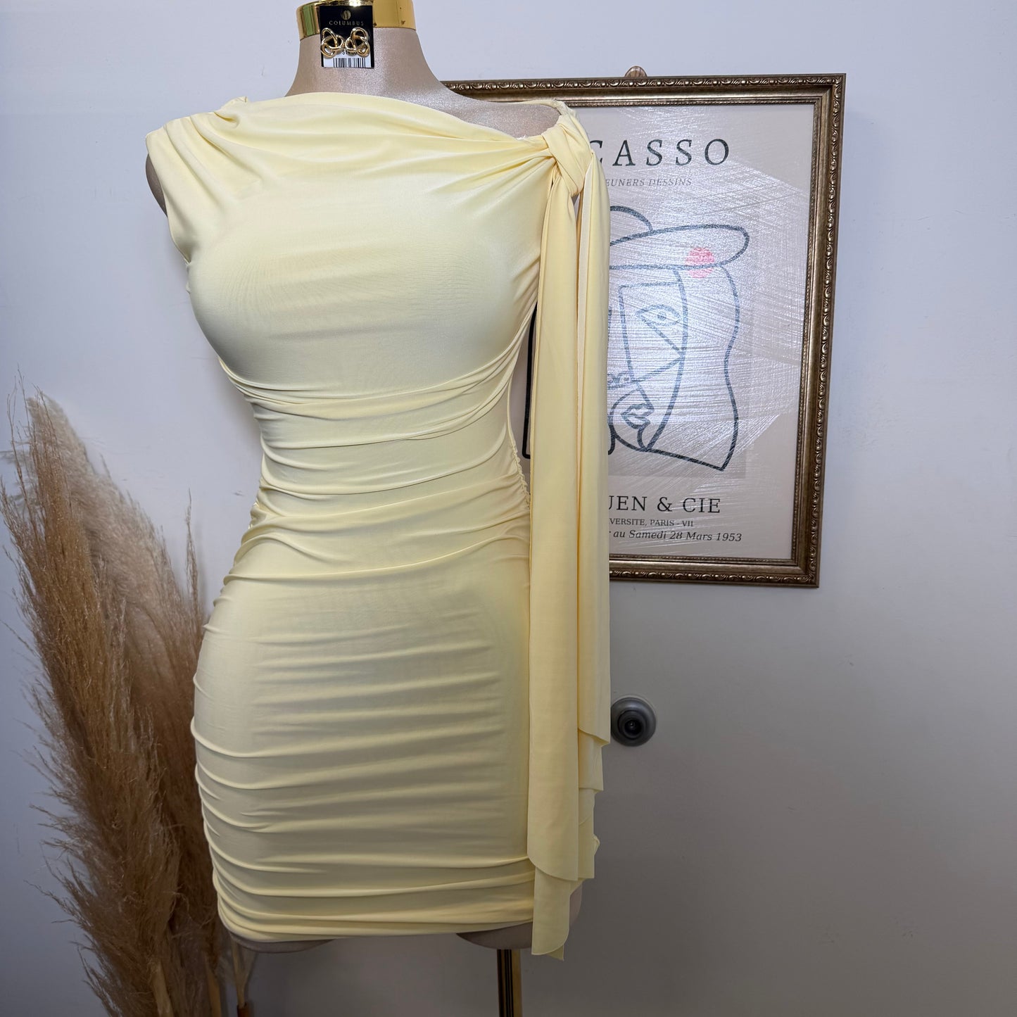 Off Shoulder Ruched Side Tie Mini Dress-LT Yellow
