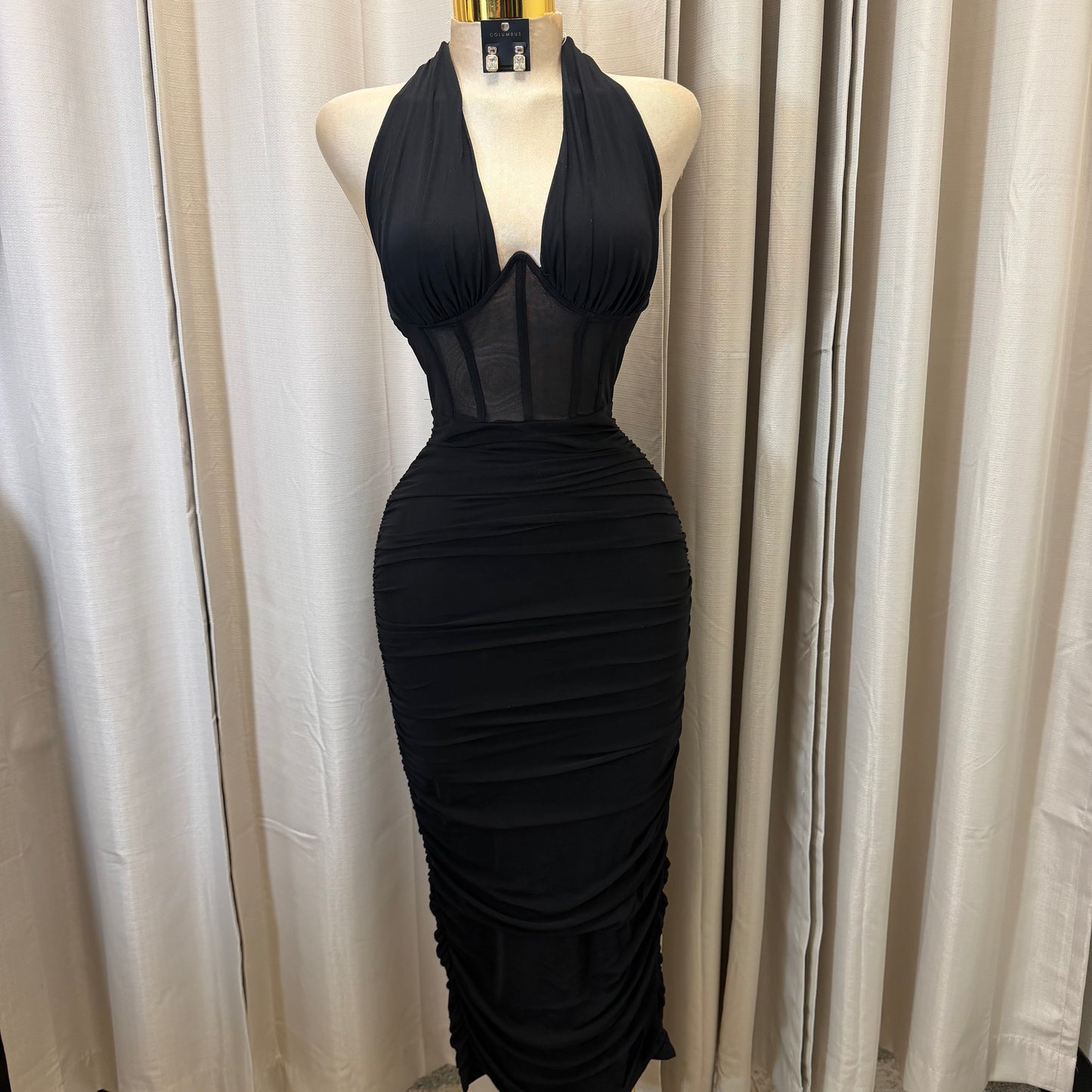 Halter neck midi ruched dress-Black