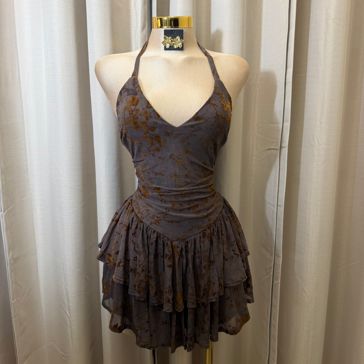 Floral Halter Double Layer Ruffle Mini Dress-Toffee Caramel/Brown