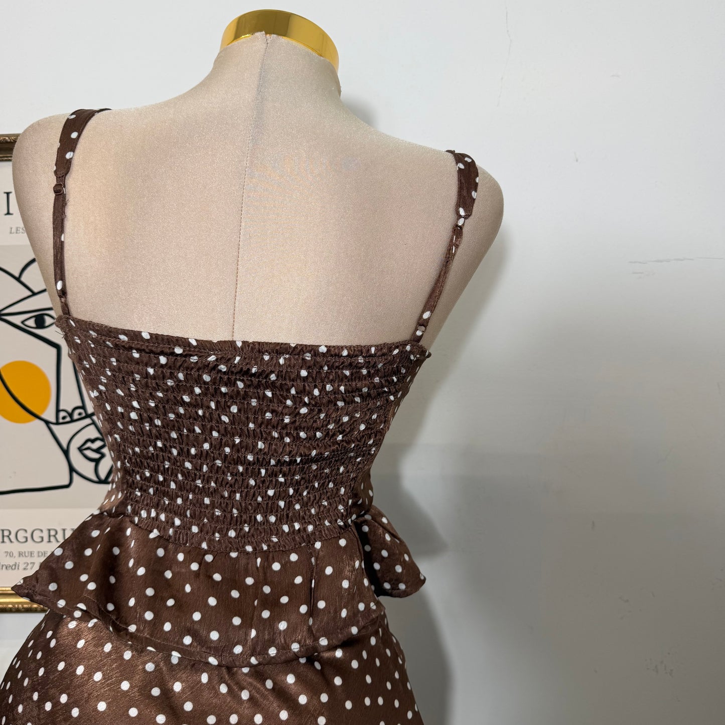 Satin Polka Dot Top and Skirt Set-Brown