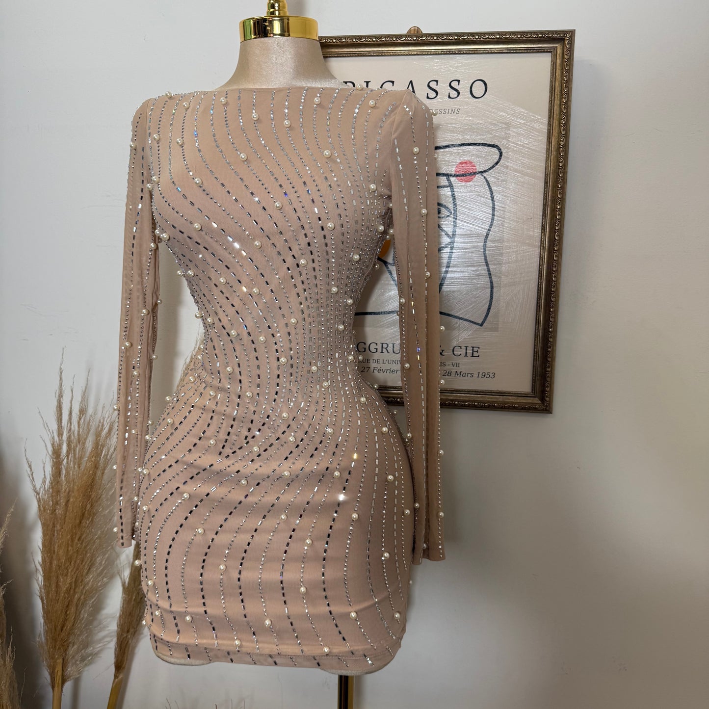 Rhinestone Trim Wave Pearl On Power Mesh Mini Dress-Nude