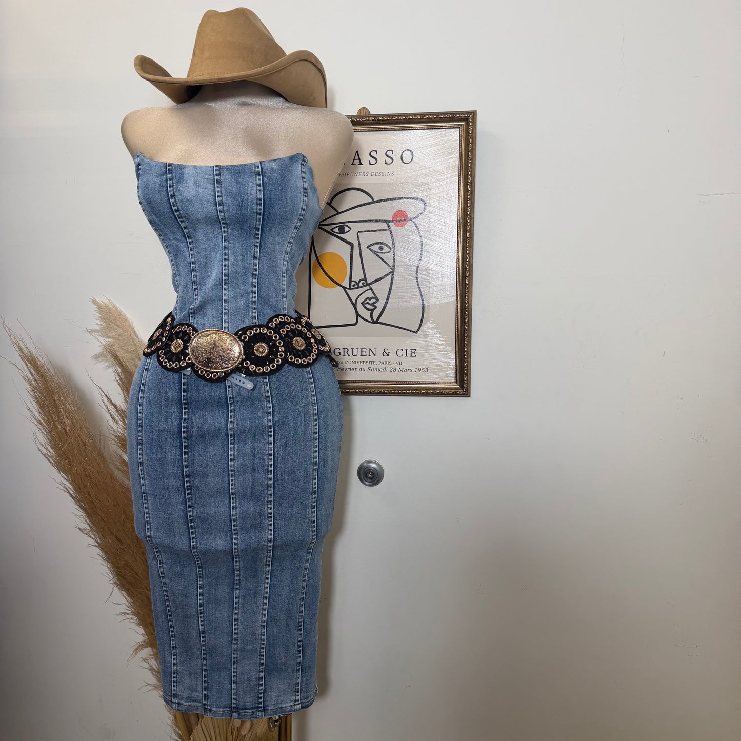 Denim Strapless Midi Dress-LT Blue