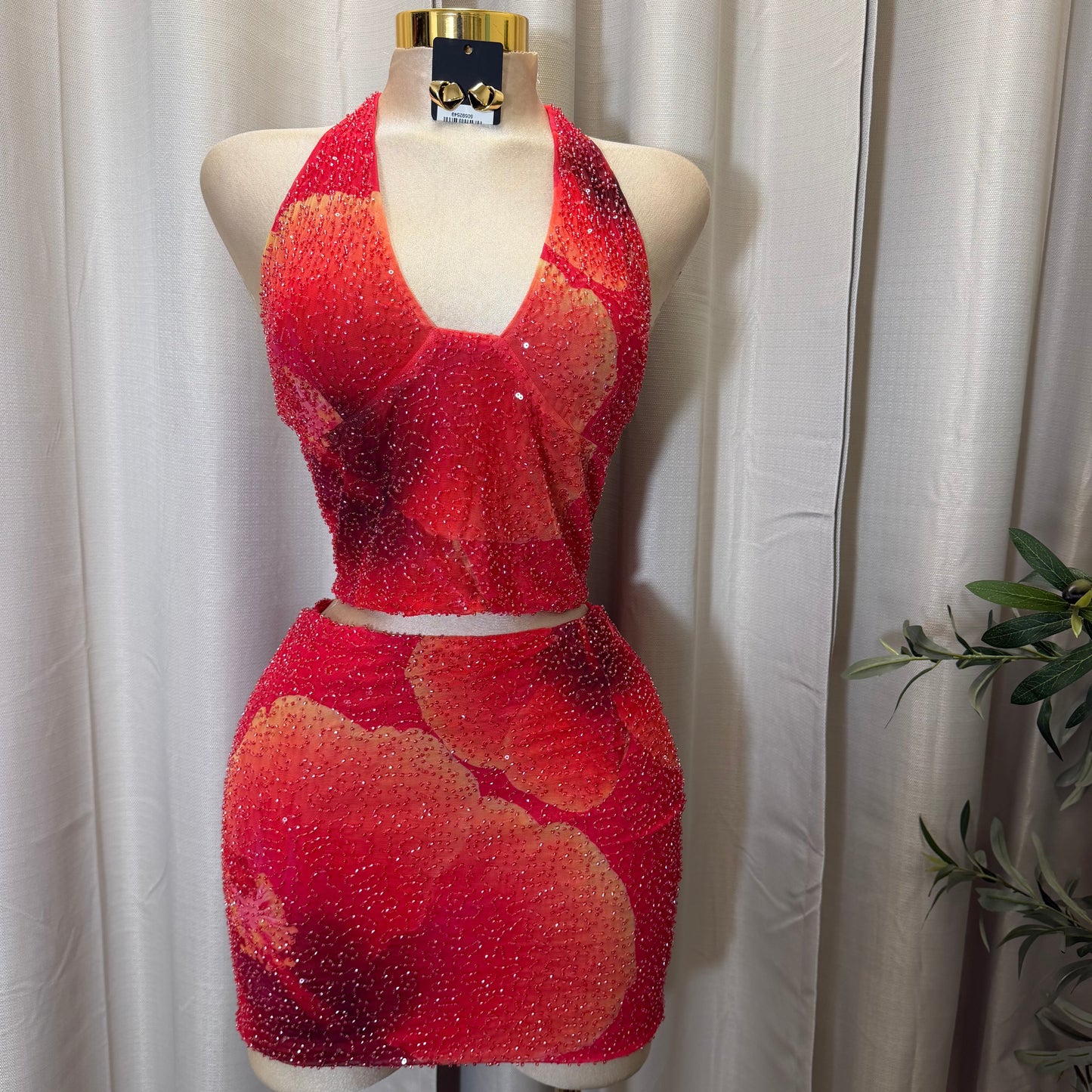 Mesh Two Piece V-neck Halter top Skirt Set-Pink/Orange