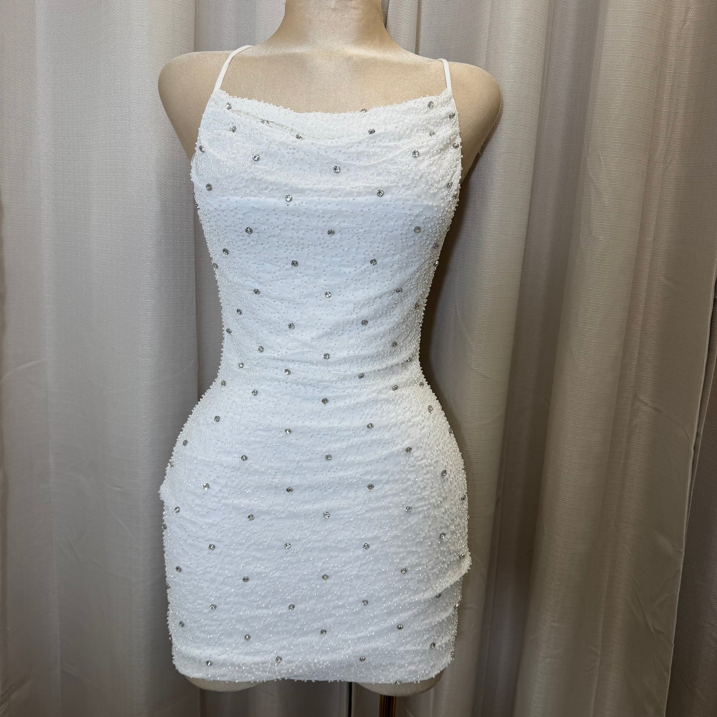 Power Mesh w/ Rhinestone Mini Dress-White