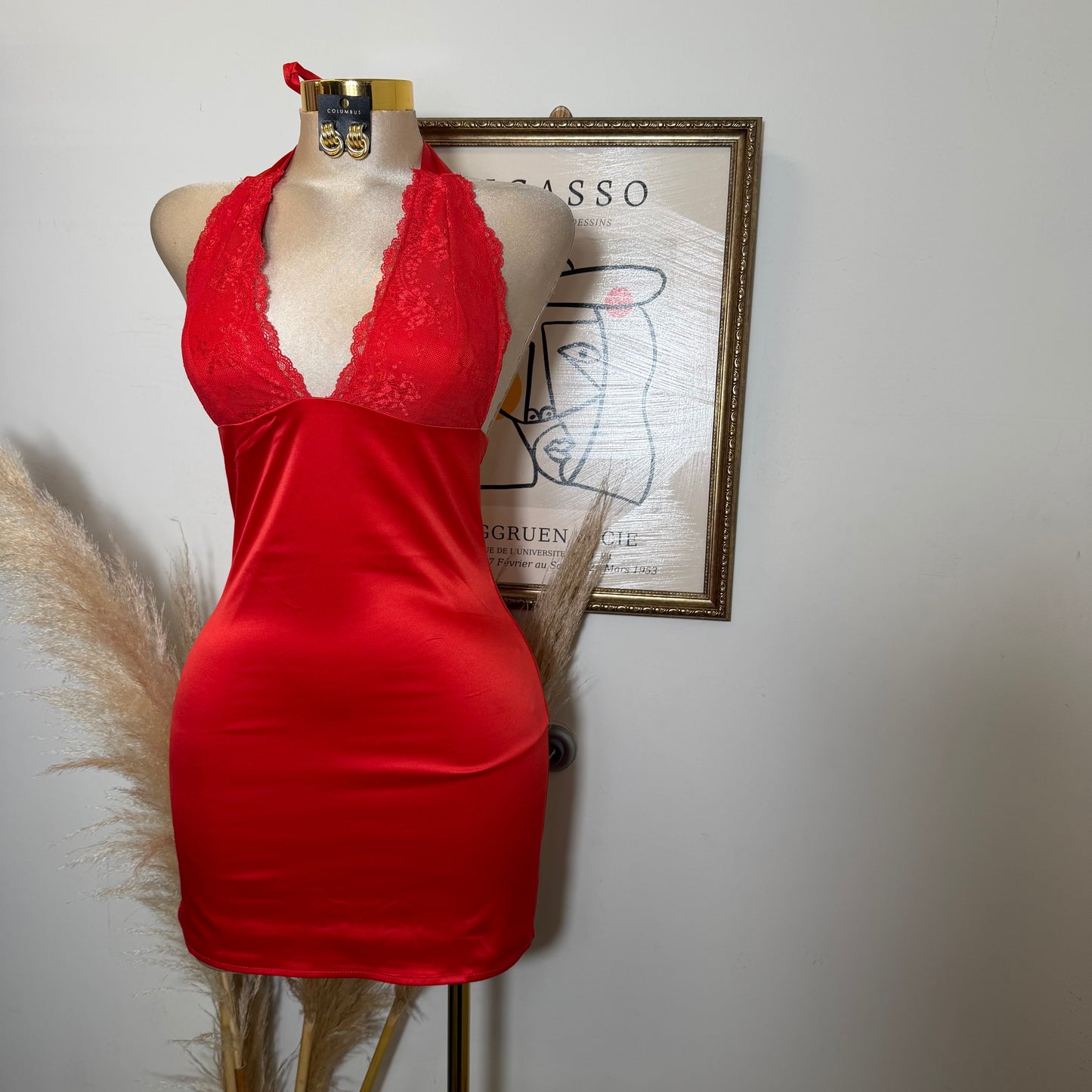 Halter Lace Satin Mini Dress-Red