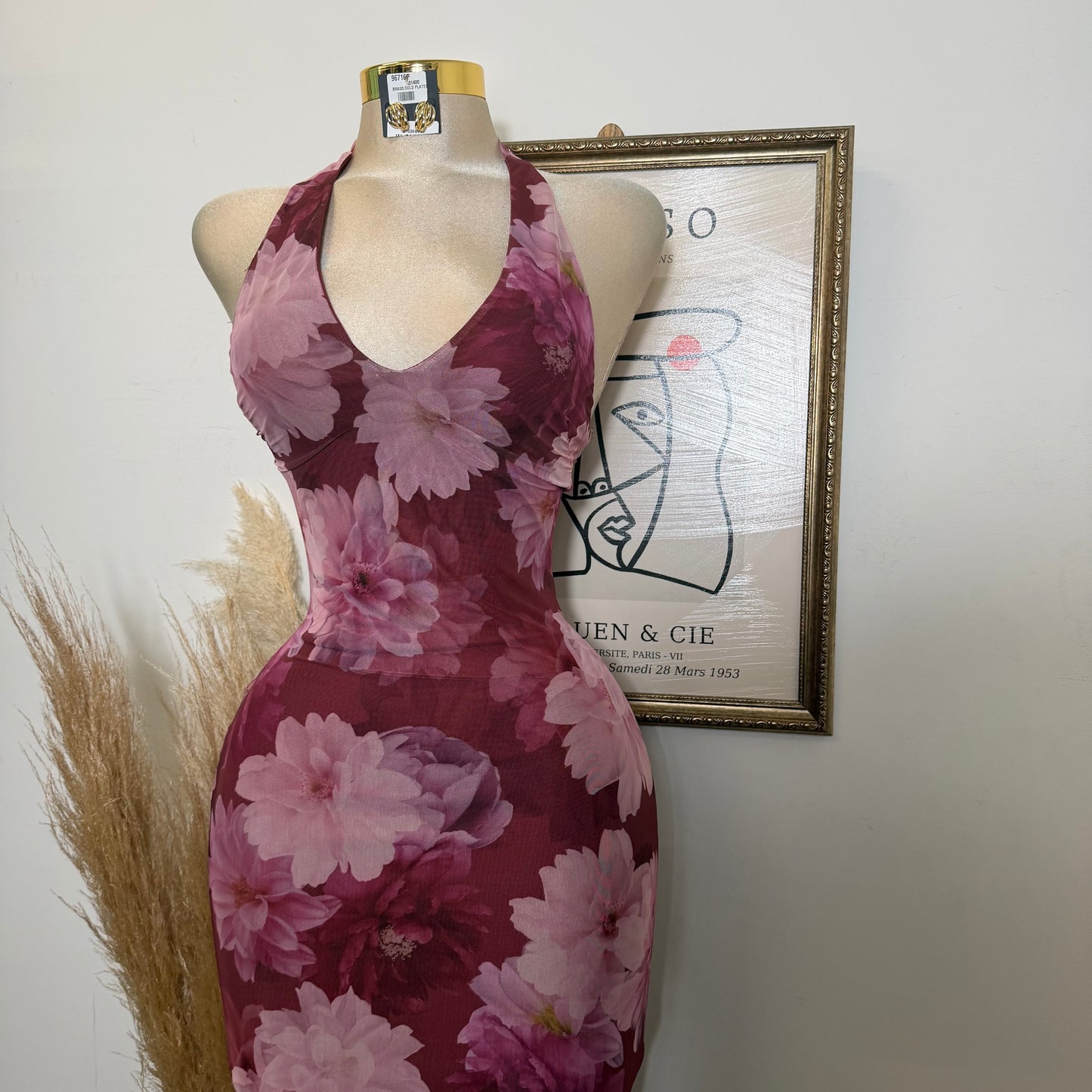 Mesh Print Halter Neck Back slit Maxi Dress-Mauve