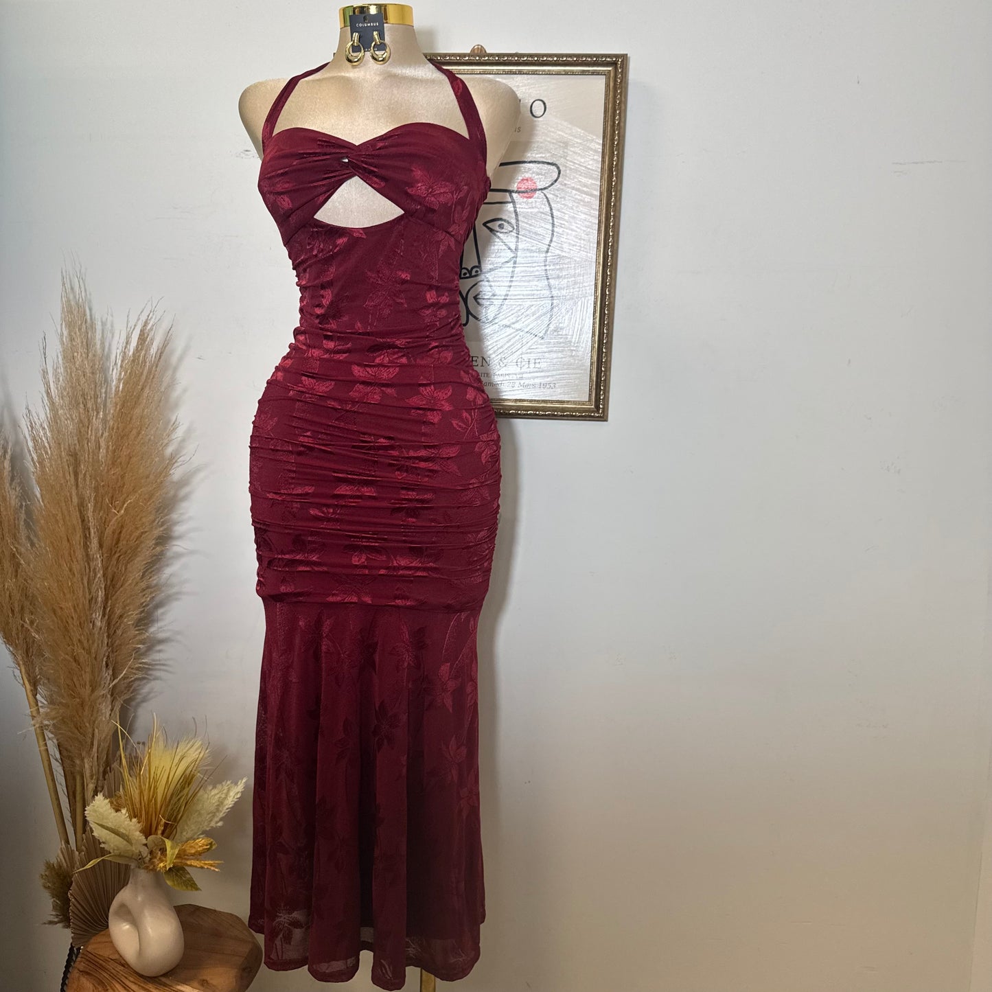 Trim accent Midi Dress-Wine