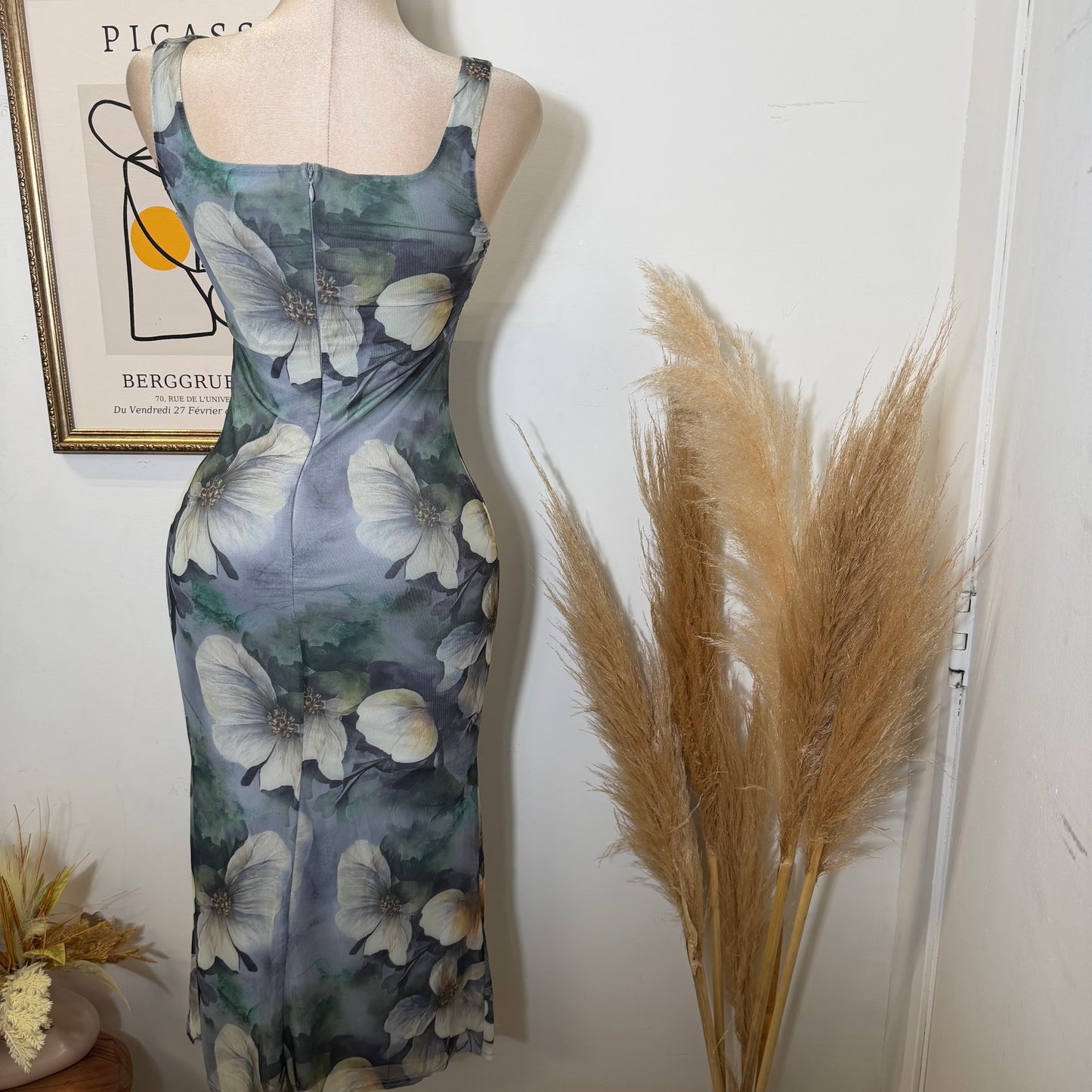 Mesh Print Midi Dress Flower Dress-Green