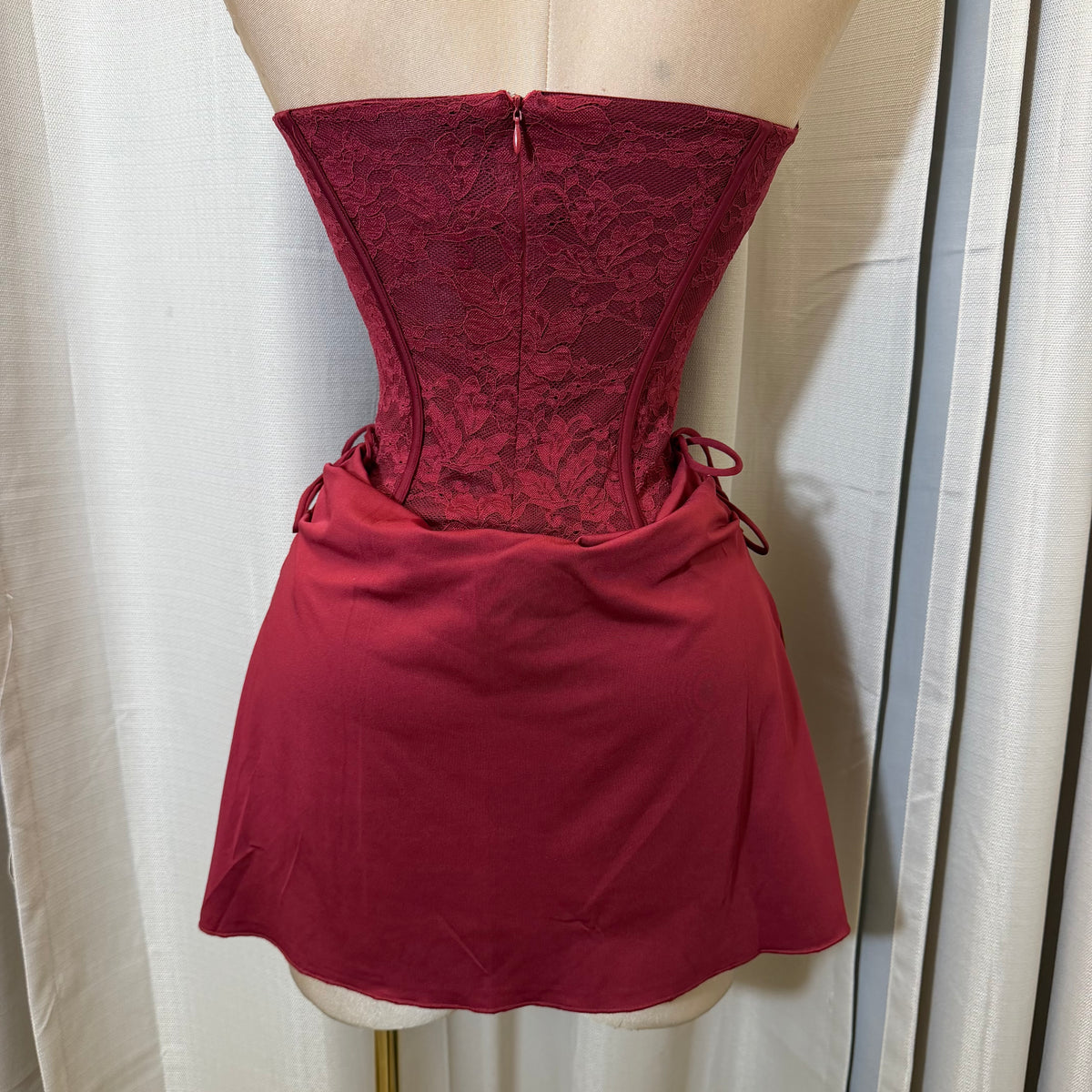 Strapless Lace Corset Cowl Front Mini Dress-Burgundy