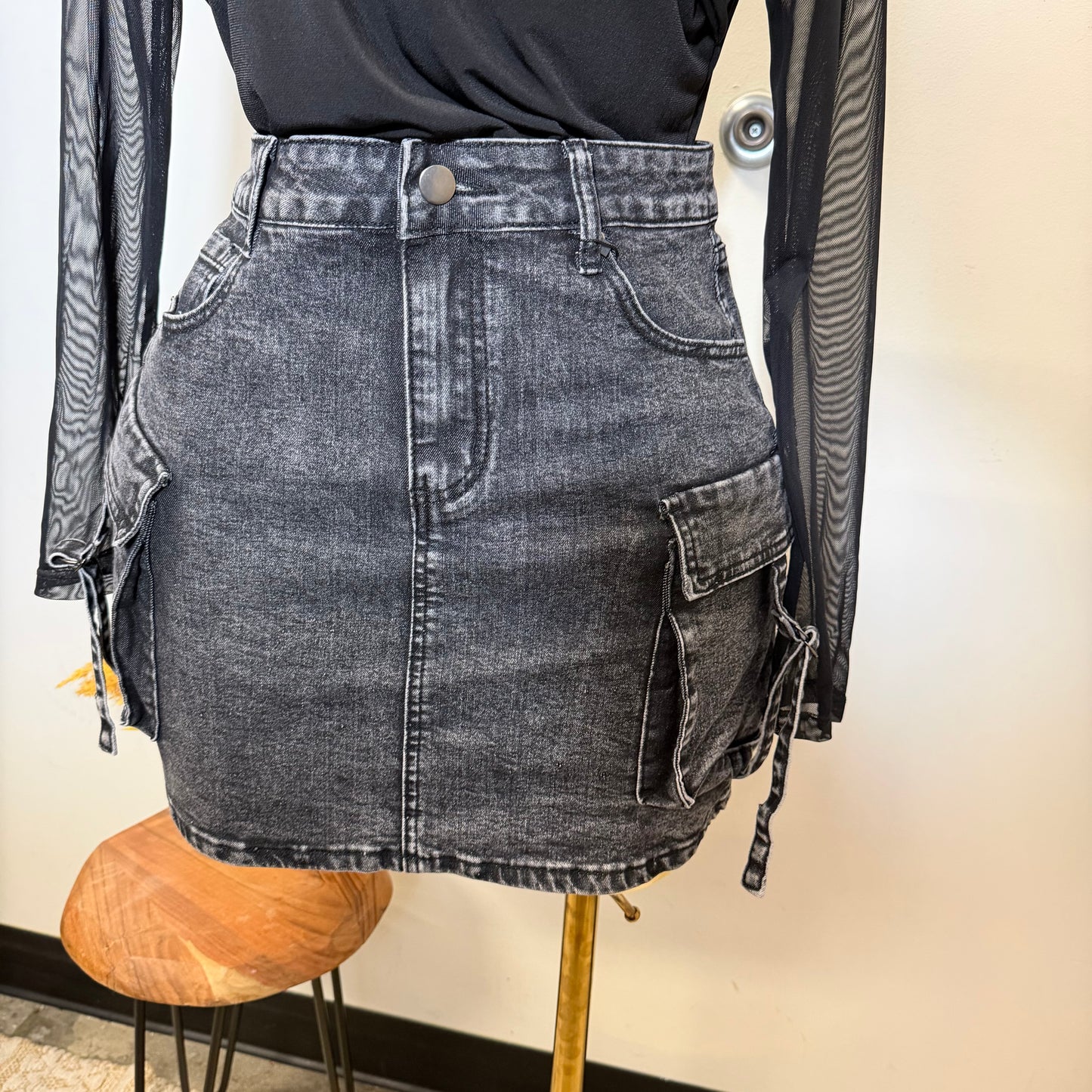 Cargo Denim Mini Skirt-Black