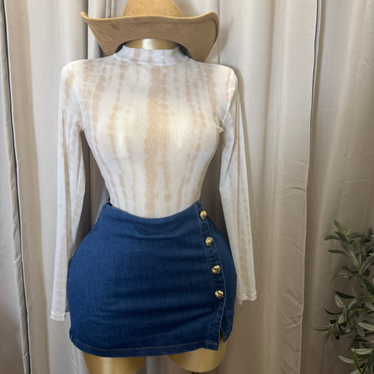 Flower Round Neck Long Sleeve Mesh Top-White