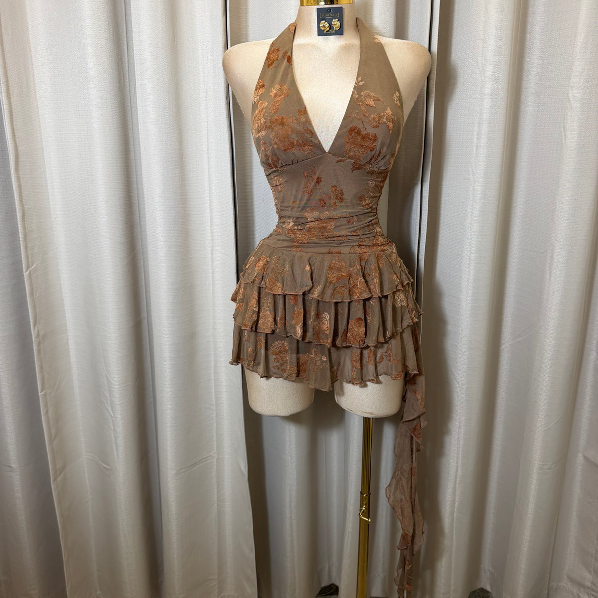 Floral Halter Double Layer Ruffle Mini Dress-Brown