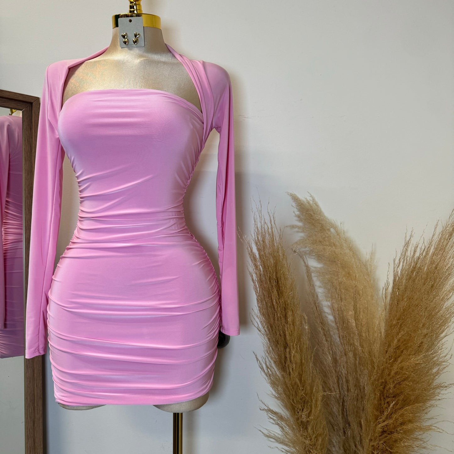 Barbie Long Sleeve Squareneck Dress-Baby Pink