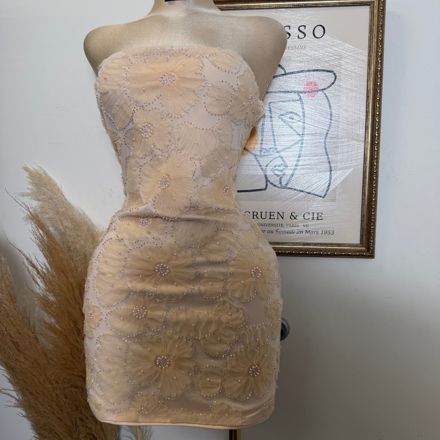Flower Textured Mesh Tube Mini Dress-Blush