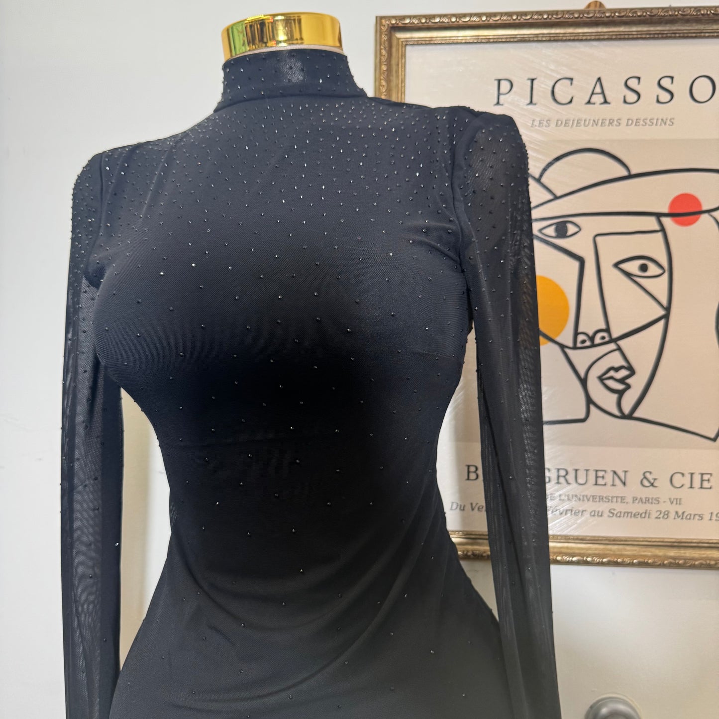 Mesh Mock Dress Rhinestone Open Back Mini Dress-Black