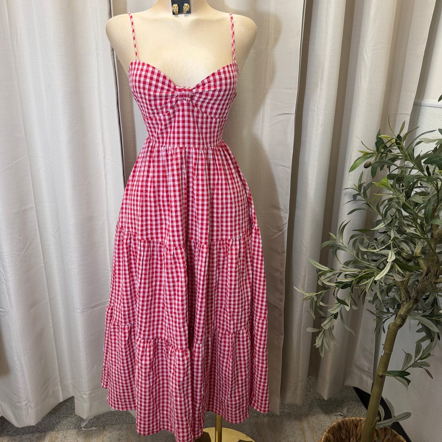 Gingham Poplin Bow bust Tie back Tiered Maxi Dress-Red