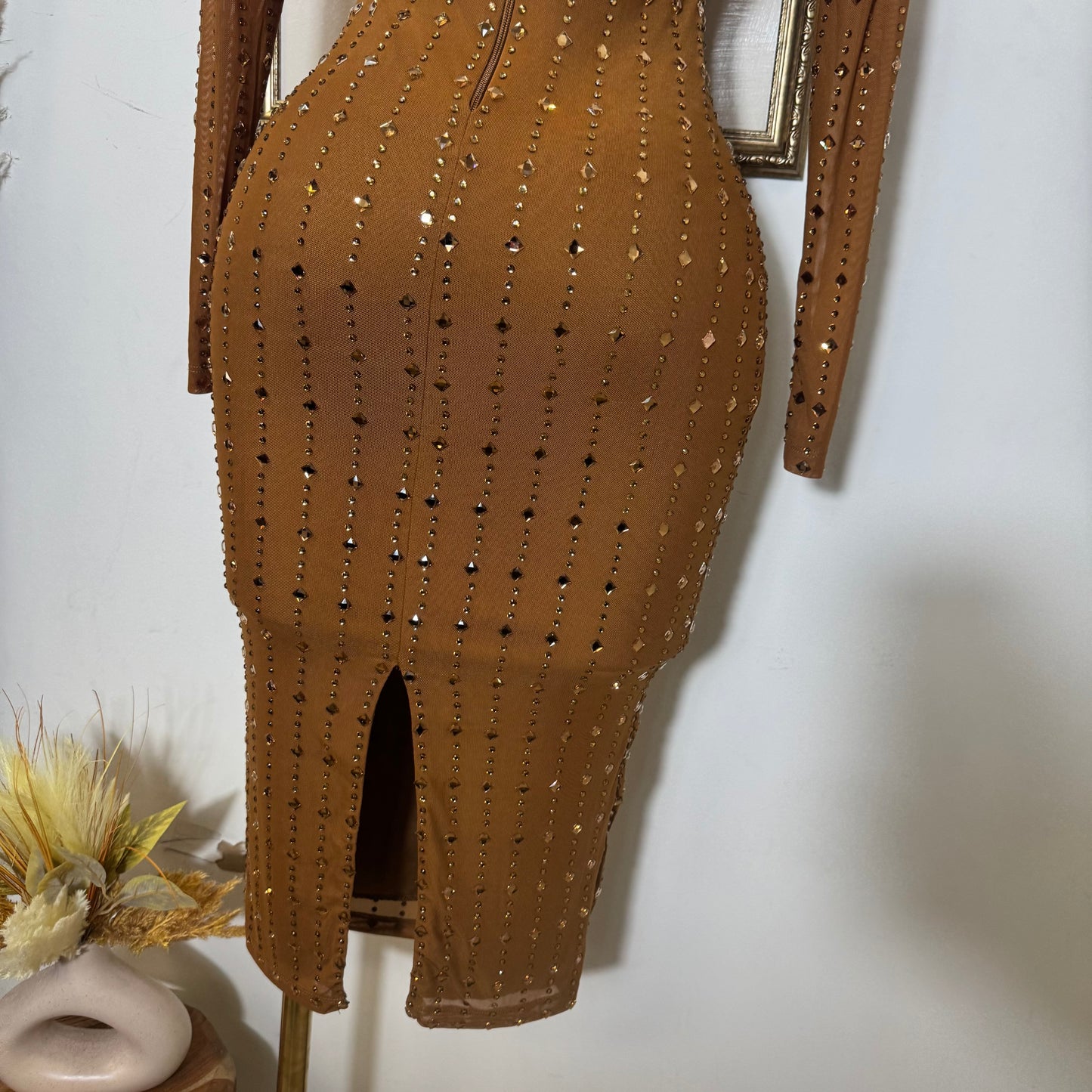 Square Rhinestone On Mesh Midi Dress-Mocha