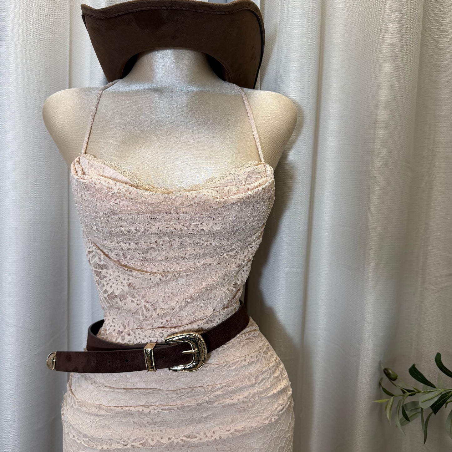Mismaloya Lace Maxi Dress with Open Back & Tie Detail-Mocha