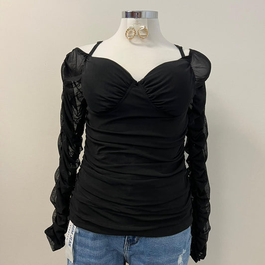 Sol Off Shoulder Sheer Mesh Ruched Top PL-Black