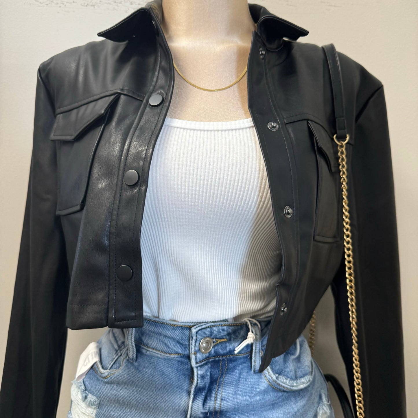 Lulu PU Leather Cropped Jacket-Black