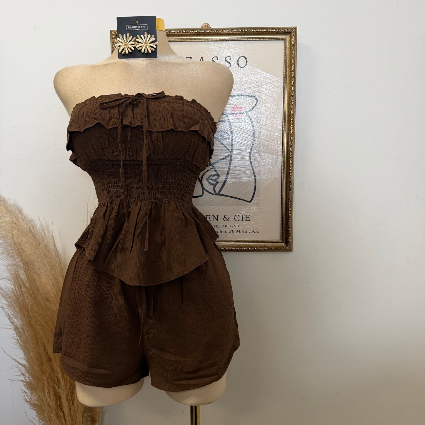 Smocked Tube Top Shorts Two piece set-Choco