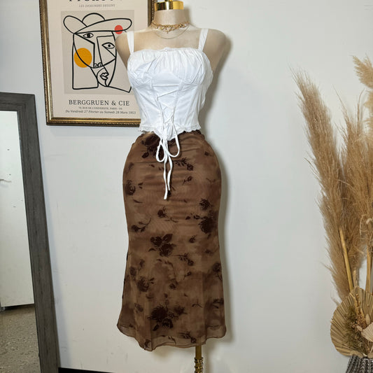 Midi Flower Print Mesh Skirt -Brown