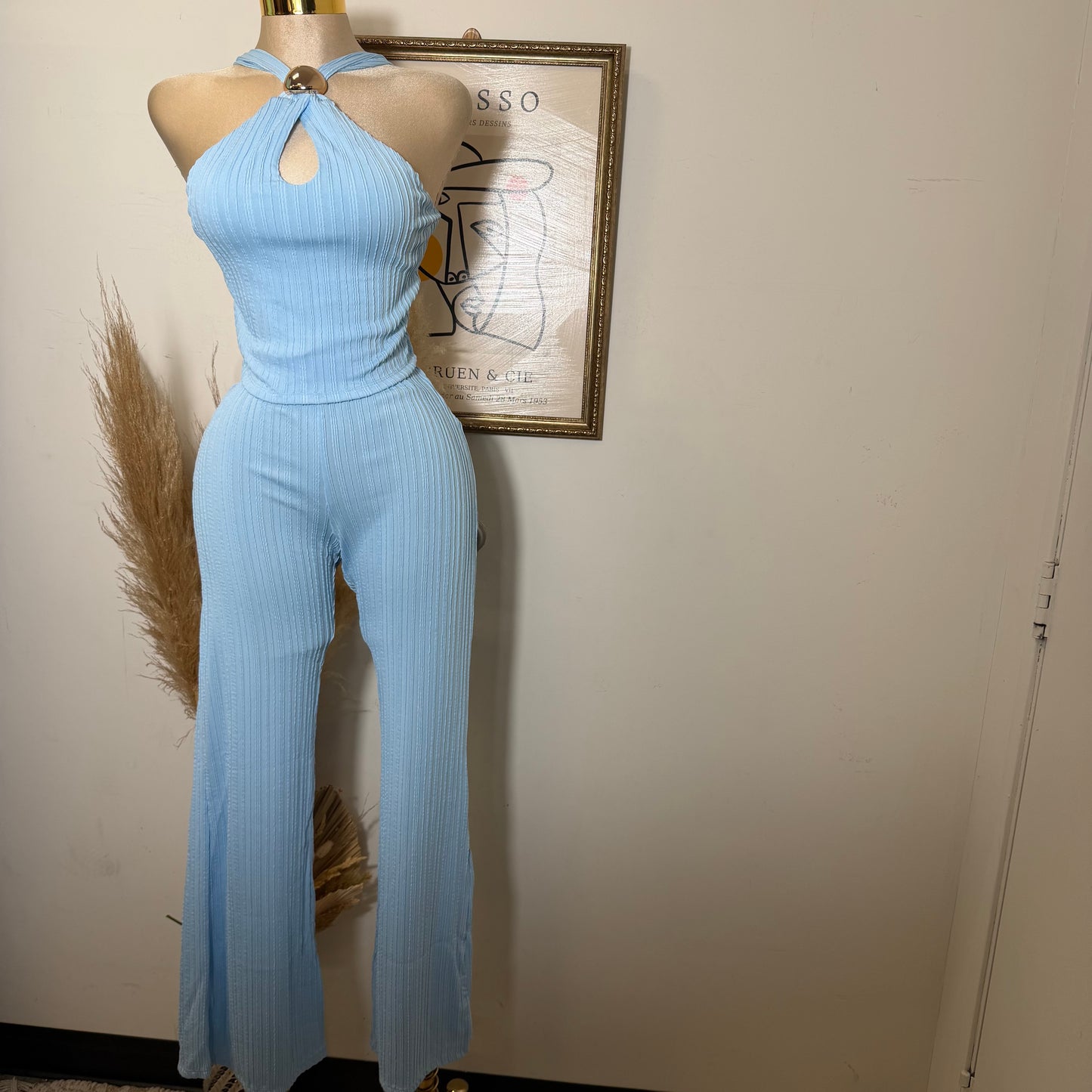 Front Cut Out Jewel Decor Halter Style Top and Pant Set-Baby Blue