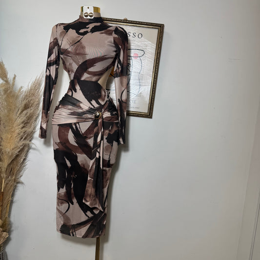 Multi Colored Front Sash Mock Neck Midi Dress-Brown