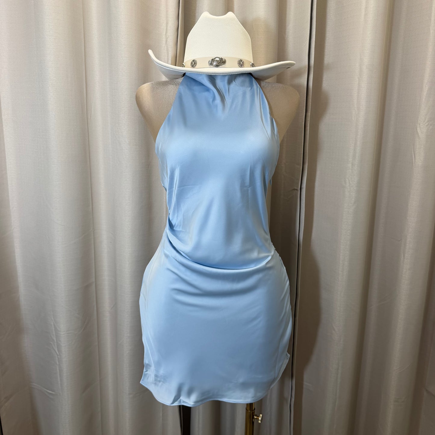 Satin Cowl Halter Neck Dress-Baby Blue