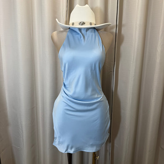 Satin Cowl Halter Neck Dress-Baby Blue
