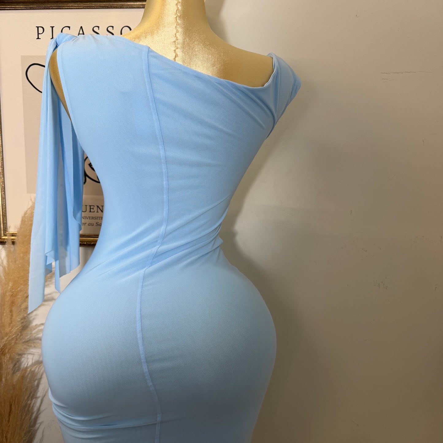 One shoulder Tie Midi Dress-Light  Blue